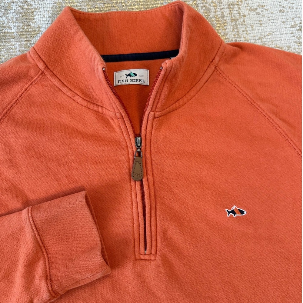 FISH HIPPIE Men's Orange Quarter Zip Pullover Sweater | Size Large | Preppy